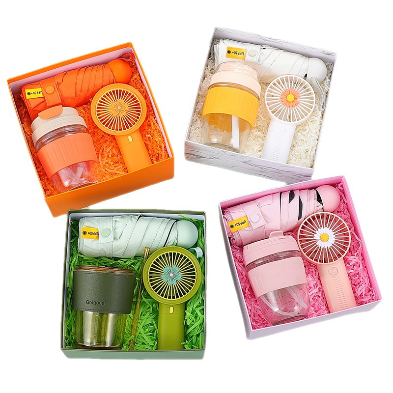 Gift Set- Bộ quà tặng 3 món - Ly hổ phách bọc da, Quạt, Dù cầm tay