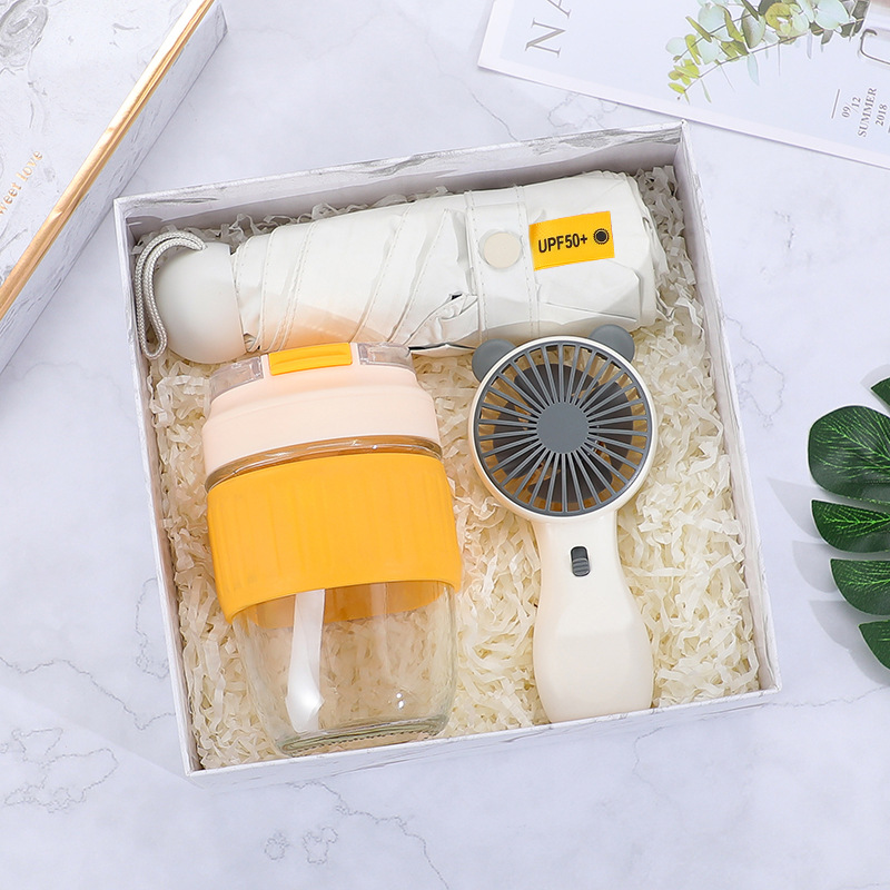 Gift Set- Bộ quà tặng 3 món - Ly hổ phách bọc da, Quạt, Dù cầm tay