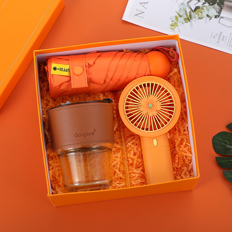 Gift Set- Bộ quà tặng 3 món - Ly hổ phách bọc da, Quạt, Dù cầm tay